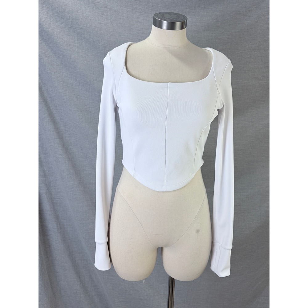 Move Theology White Ribbed Long Sleeve Square Neck Cropped Top Thumbholes Medium